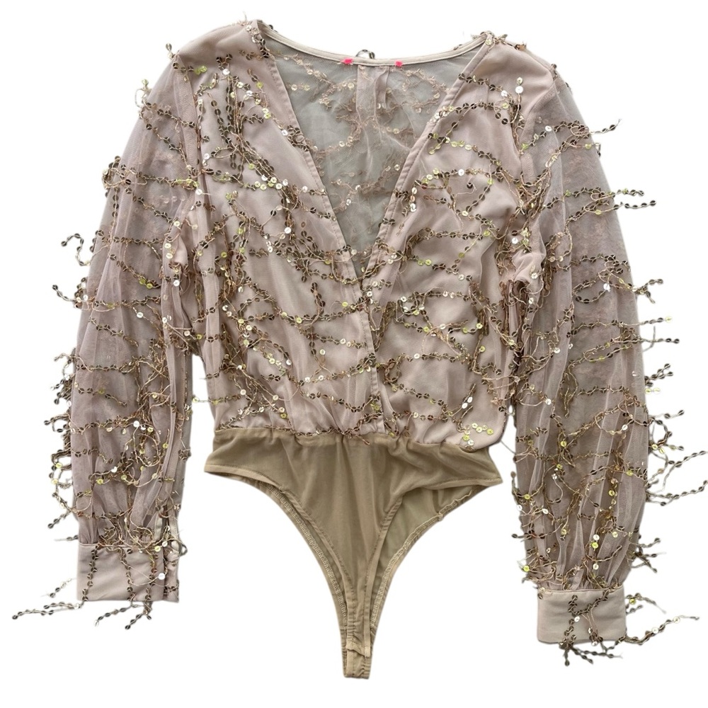 Xtaren Women’s S Gold Metallic Fringe Sequins Long Sleeves Sheer V-neck Bodysuit